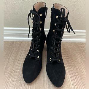 Stuart Weitzman Nichelle Black Suede Lace-Up Block Heel Booties